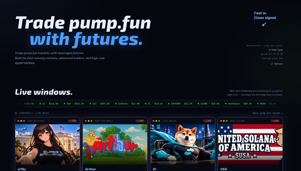 Futures Pump radar — live pump.fun windows